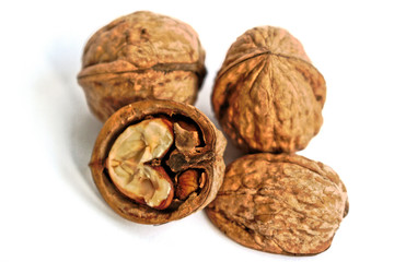 Closeup of walnuts on a white background
