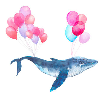 Watercolor blue whale flying on air balloons. Fairytale hand painted sea animal isolated on white background. Artistic print design