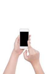 female hand holding a phone isolate on white background