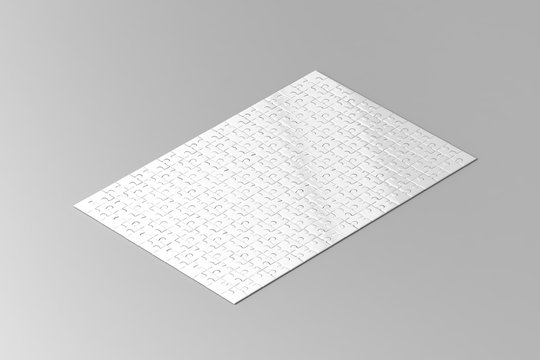 Blank white jigsaw puzzle game mockup, isometric view, 3d rendering. Child mosaic toy, clear surface design mock up.