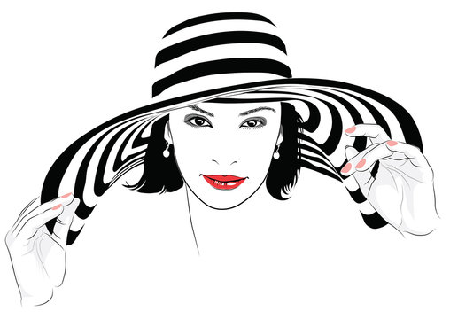 Girl with dark hair in big striped hat - vector