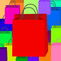 Red Shopping Bag on Colorful Paper Bags Background