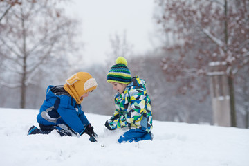 Two boys, brothers, playing in the snow with snowballs