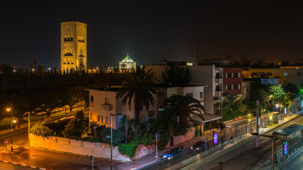Fototapeta na wymiar Hassan Tower and Mausoleum of Mohammed V at night. Rabat, Morocco 