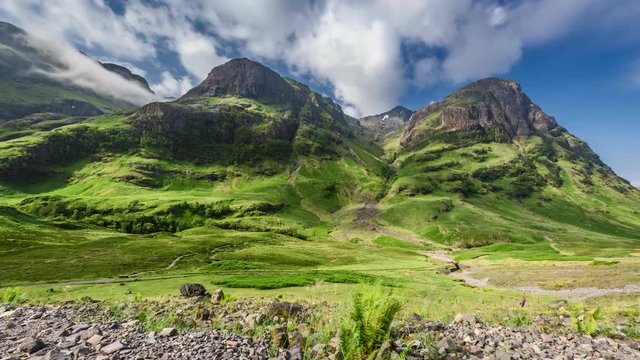 Stunning green mountains of Glencoe in Scotland in summer, 4k, timelapse