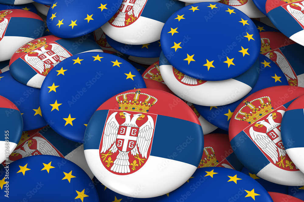 Wall mural serbia and europe badges background - pile of serbian and european flag buttons 3d illustration