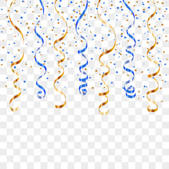 Gold blue ribbon confetti. Golden serpentine on transparent background. Colorful streamers. Design decoration party, birthday, Christmas, New Year celebration, anniversary Vector illustration