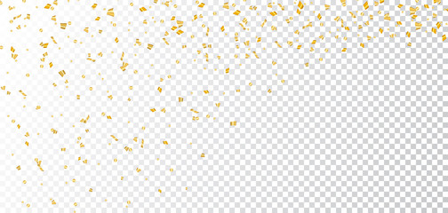 Gold bright confetti on white transparent Christmas background. Golden decoration glitter abstract design of Happy New Year card, greeting, Xmas holiday celebrate banner. Vector illustration - 132689755