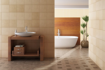 Brown bathroom including bath and sink