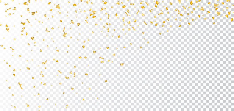 Gold bright confetti on white transparent Christmas background. Golden decoration glitter abstract design of Happy New Year card, greeting, Xmas holiday celebrate banner. Vector illustration