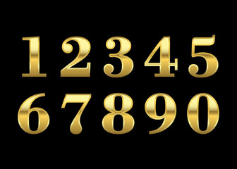 Gold numbers set. Golden metallic font, isolated on black background. Beautiful typography metal design for decoration. Symbol elegance royal graphic. Modern fashion signs. Vector illustration