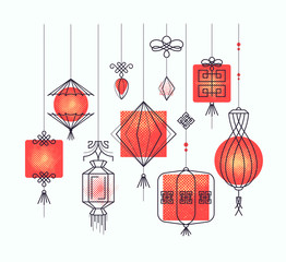 Vector set of asian street and holiday lanterns, chinese decorat