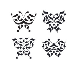 Set of calligraphy strokes' butterfly symbols.