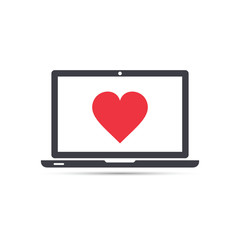 Laptop with heart icon in flat style, vector