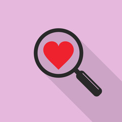 Search heart love icon, flat vector.