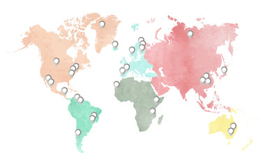 Map of the continental world in watercolor in six different colors with points op interest