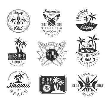 Summer Vacation In Hawaii Black And White Sign Design Templates With Text And Tools Silhouettes