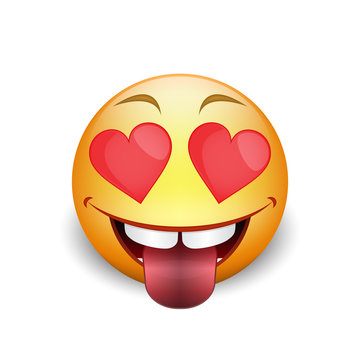 Love emoticon with hearts eyes and tongue out drooling, vector.
