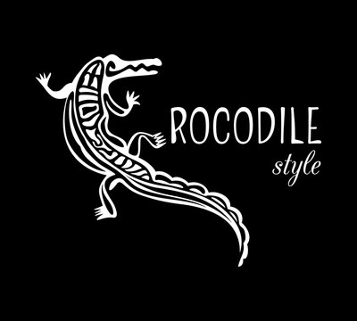 Crocodile Style logo. Outline alligator icon. White animal silhouette isolated on black background. Abstract design element. Vector illustration