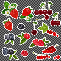 Strawberry, Blueberry, Cherry, Raspberry, Red currant. Stickers, patch set collection. Vector artwork. Fashion badges. Wallpaper. Vintage concept