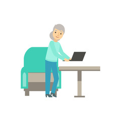 Fototapeta na wymiar Old Lady Placing Lap Top On The Table, Coworking In Informal Atmosphere In Modern Design Office Infographic Illustration