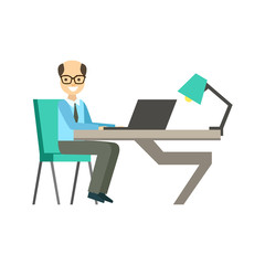 Bold Man In Glassins At His Working Desk, Coworking In Informal Atmosphere In Modern Design Office Infographic Illustration