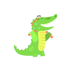 Obraz premium Crocodile With Dumbbells Exercising In Gym, Humanized Green Reptile Animal Character Every Day Activity