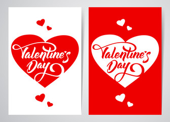 Vector illustration: Template of two poster or greeting cards with hand lettering of Valentine's Day and hearts.