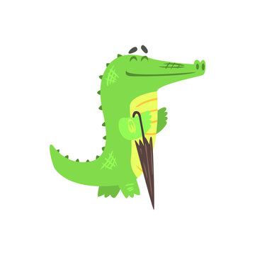 Crocodile Walkig With Closed Umbrella, Humanized Green Reptile Animal Character Every Day Activity