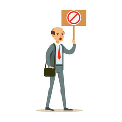 Bold Man In Suit Marching In Protest With Banner, Screaming Angry, Protesting And Demanding Political Freedoms