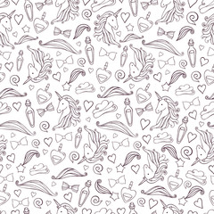 Seamless pattern with unicorns and magic items.