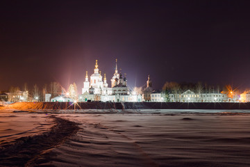 Night winter view of historical centre of Veliky Ustyug, Russia. Cathedral Court. Uspensky...