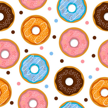  seamless pattern consisting of chocolate, strawberry, orange donuts in flat style. For packing paper, a background for the websites of candy stores, booklets, leaflets, flyers on delivery of donuts.