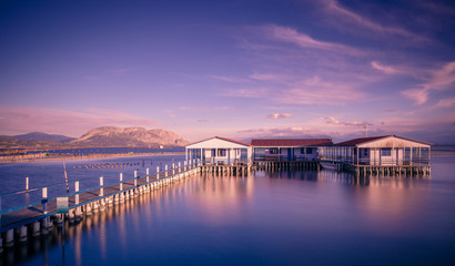 Small fishing houses on stilts on the lake Mesologgi, Greece