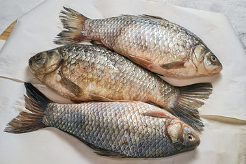 three raw carp on a table