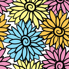 Floral background with stylized blooming chrysanthemum, asters. 