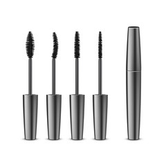 Vector Set of Opened Closed Black Realistic Mascara in Dark Shiny Tube with Different Brushes Isolated on White Background