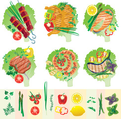Set of grilled meat and vegetables