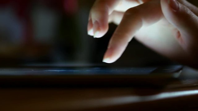 Fingers Touching Tablet. Close Up