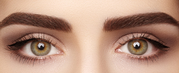 Close-up macro of beautiful female eye with perfect shape eyebrows. Clean skin, fashion naturel make-up. Good vision - obrazy, fototapety, plakaty