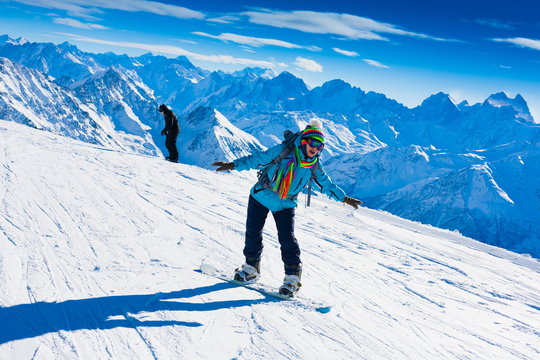  Woman, snowboard winter, rides, goggles, elbrus