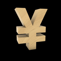 Fototapeta premium Wooden Yen Symbol Isolated on Black 3D Illustration