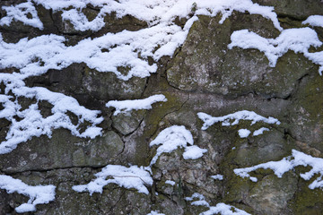Abstract background of stone wall with snow