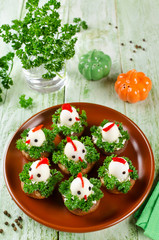 Funny chickens from eggs on the Easter table