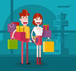 Couple Shopping at Airport. Isolated Flat Vector Illustration.