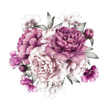 pink peonies. watercolor flowers. floral illustration in Pastel colors. bouquet of flowers isolated on white background. Leaf and buds. Romantic composition for wedding or greeting card
