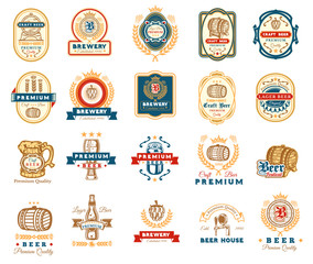 Collection of retro beer emblems, badges, stickers