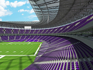 3D render of a round football stadium with purple seats for hundred thousand  fans
