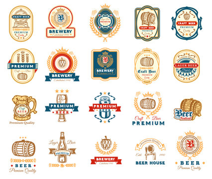 Collection of retro beer emblems, badges, stickers