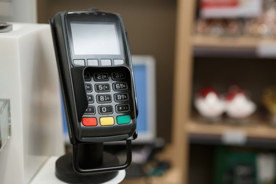 Credit card terminal at checkout in store